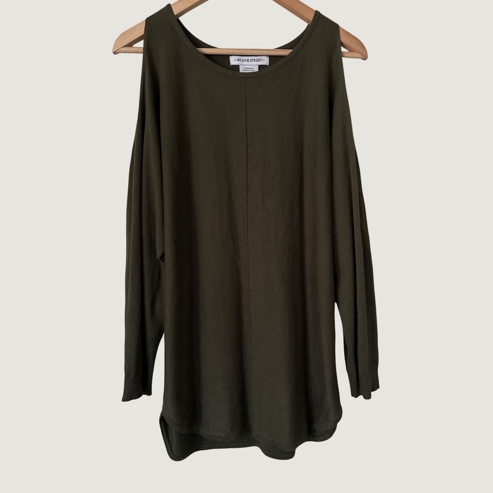 99 Jane Street Olive Green Cold Shoulder Knit Tunic Top Long Sleeve L Grunge